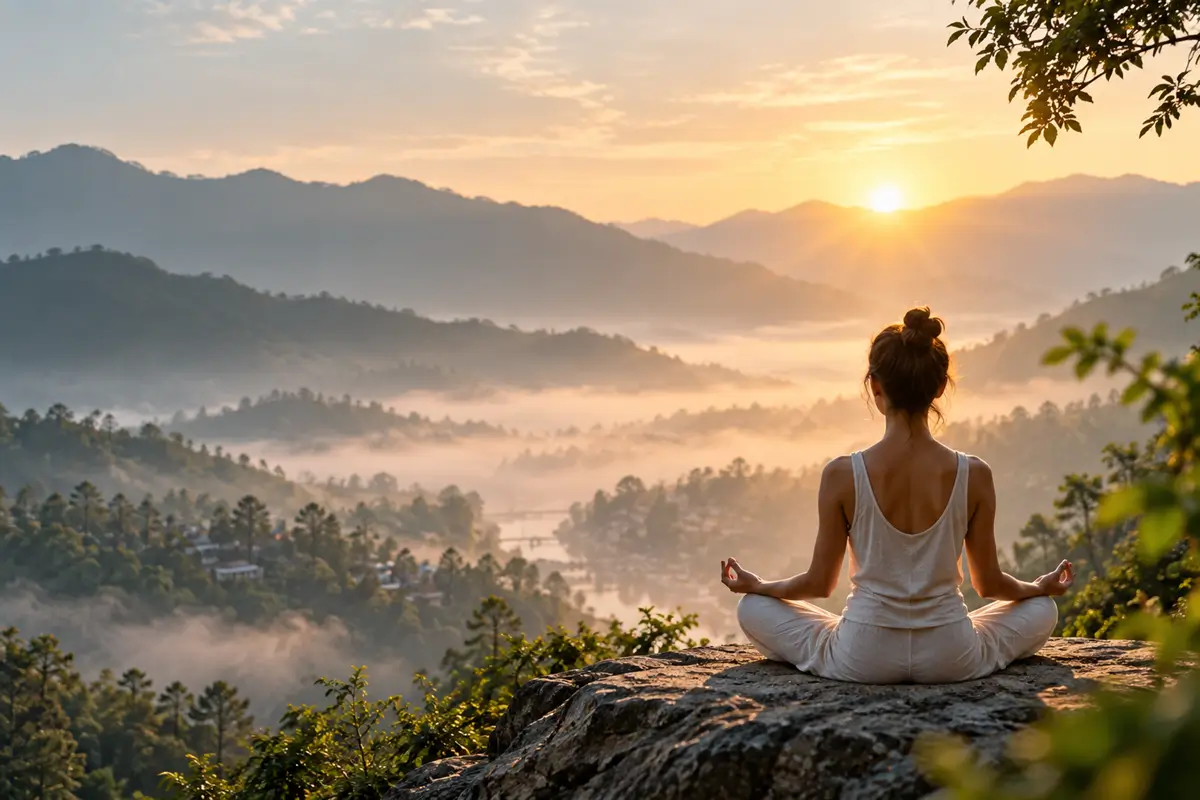 A woman sitting cross-legged on a rock ledge, looking out over mist-filled forested hills at sunrise
