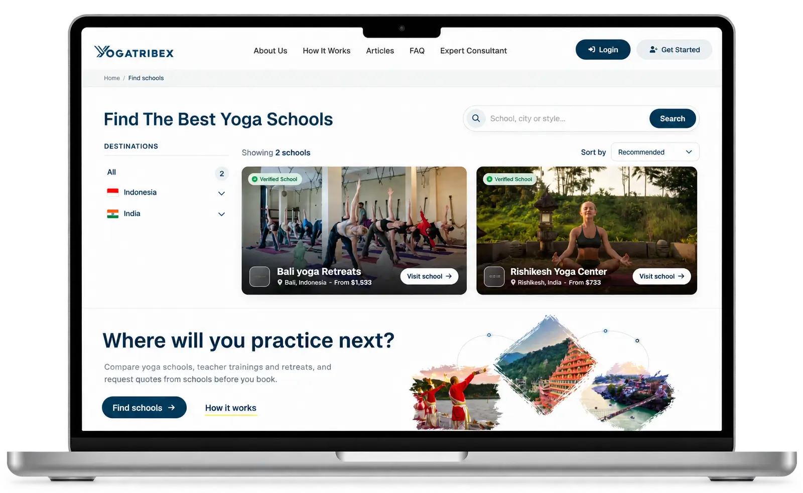 YogaTribex school listings displayed on a laptop
